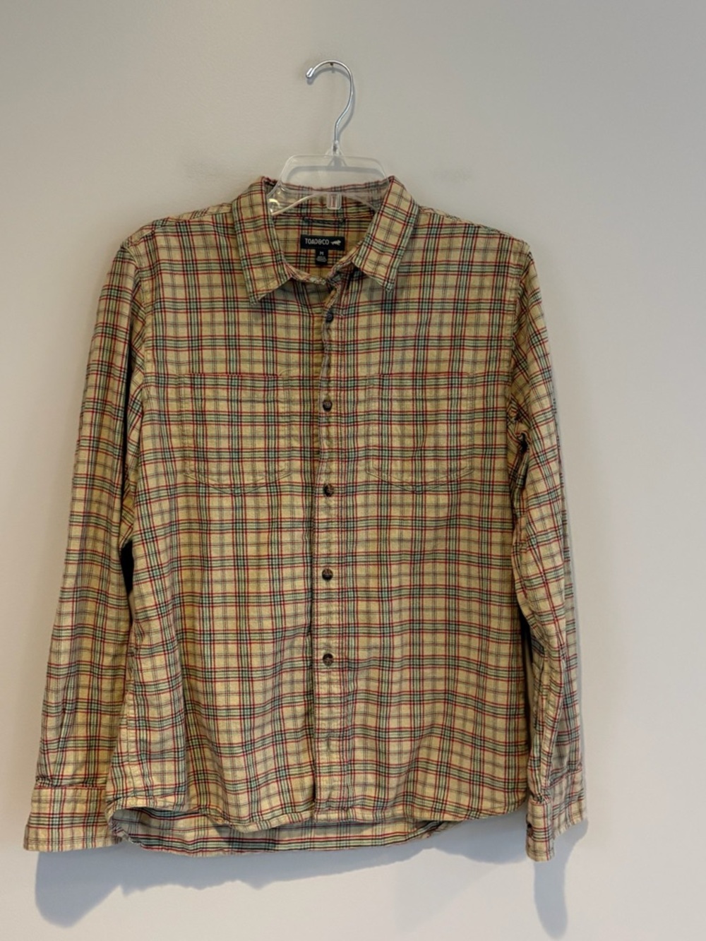 Toad&Co Cream Plaid Shirt with Red & Green Checks 100% Organic Cotton Size M
